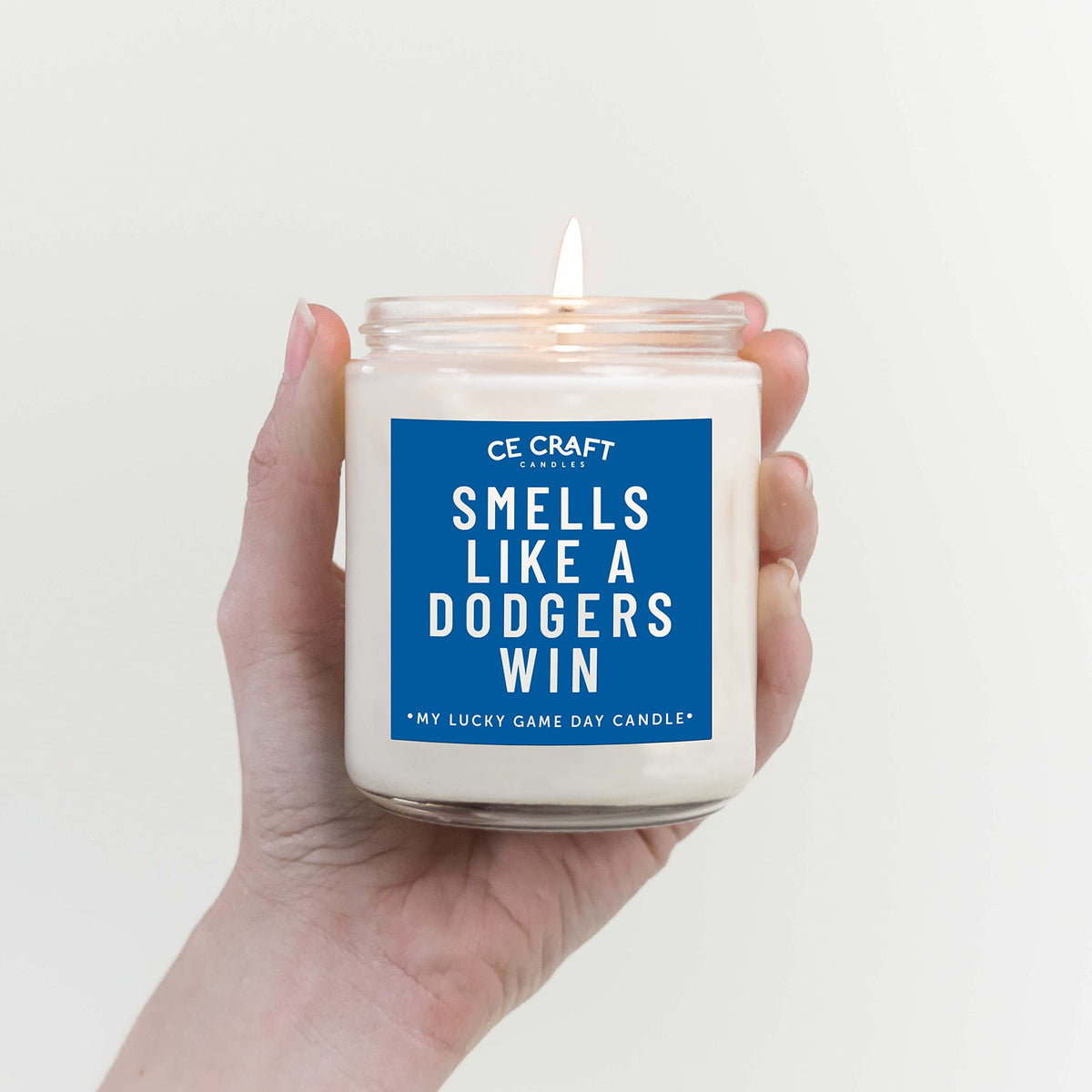 CE CRAFT Dodgers Win Candle with secure lid, ideal for gifting and storage.