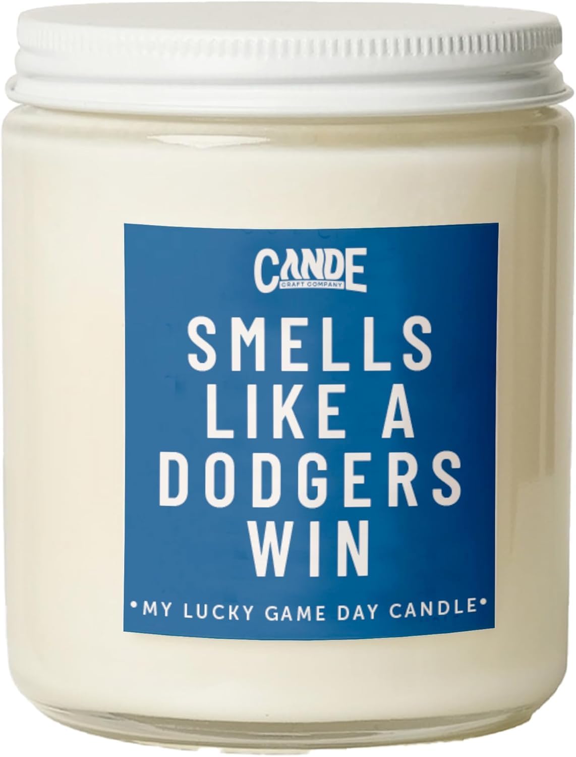 CE CRAFT Dodgers Win Candle in lavender-vanilla jar for cozy game-night ambience.