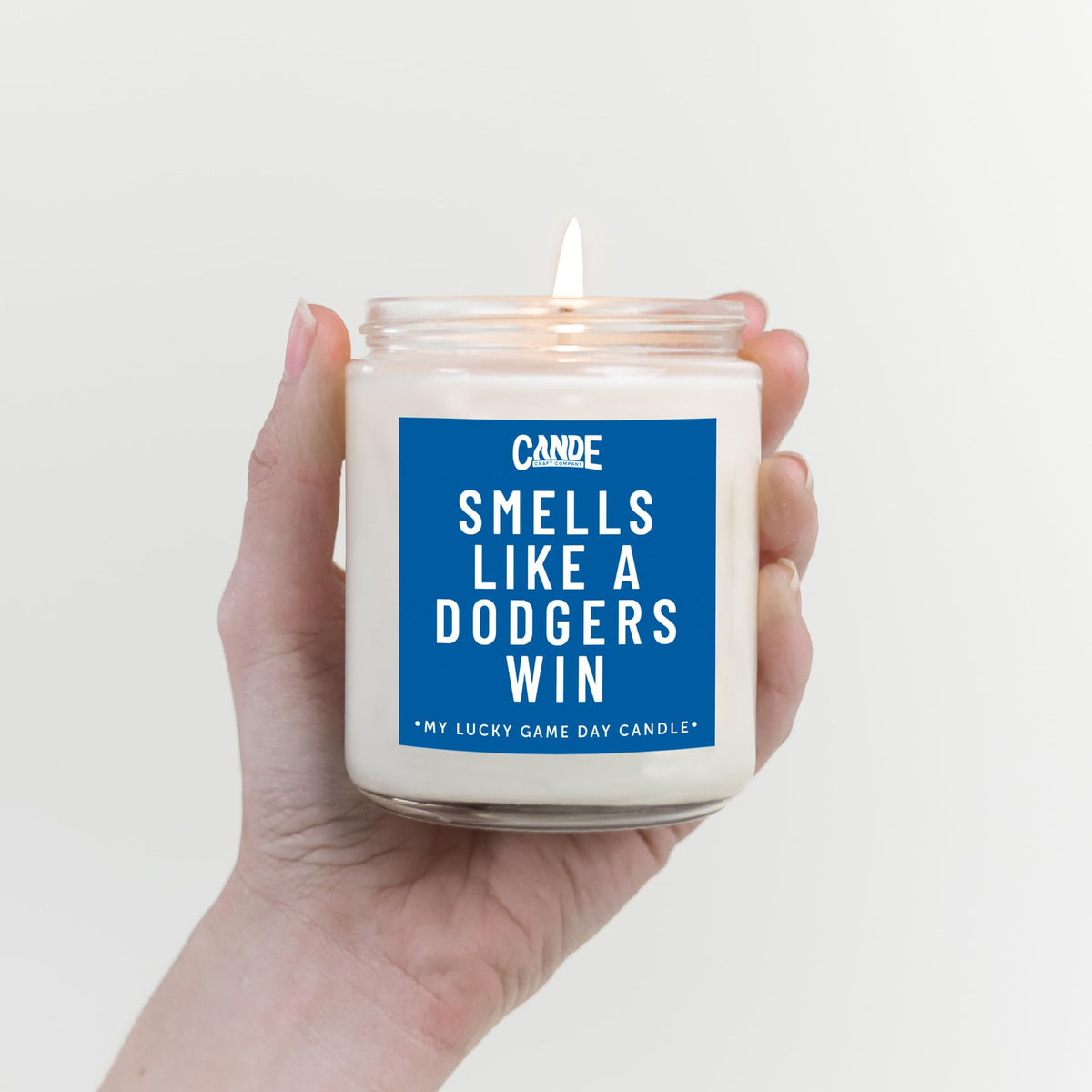 CE CRAFT Smells Like a Dodgers Win candle glass jar, clean burn and stylish packaging.