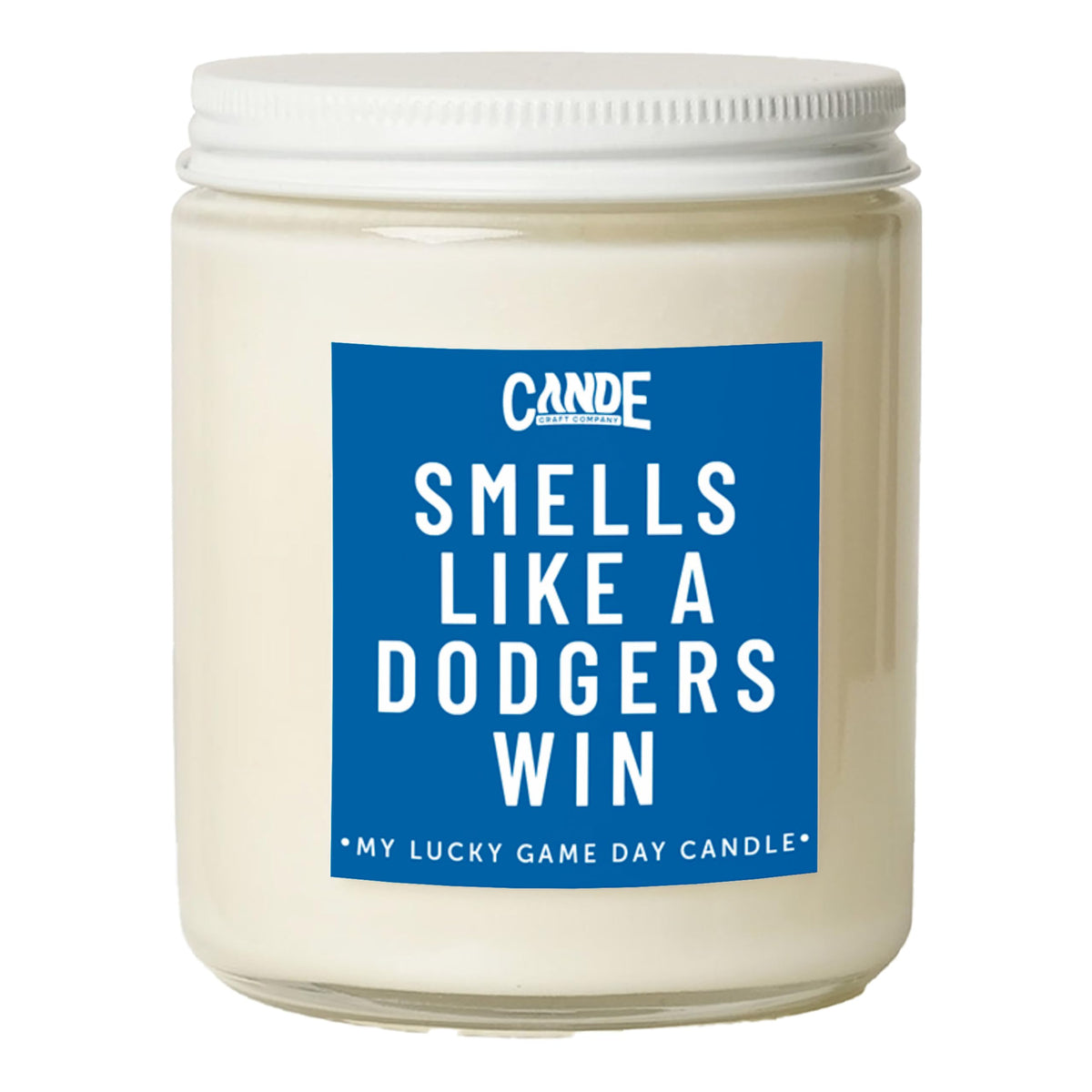 CE CRAFT Smells Like a Dodgers Win candle label close-up, premium design, long-lasting aroma.