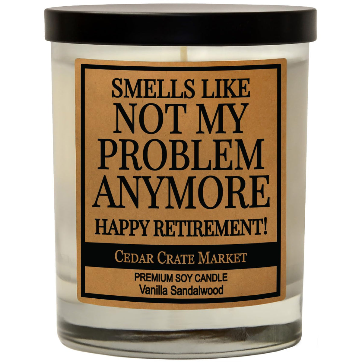 CEDAR CRATE MARKET vanilla sandalwood candle label highlights gift-ready retirement charm.