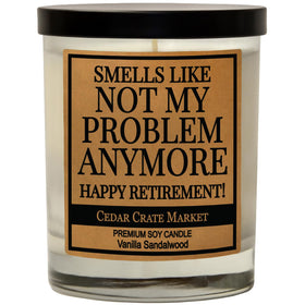 CEDAR CRATE MARKET vanilla sandalwood candle label highlights gift-ready retirement charm.
