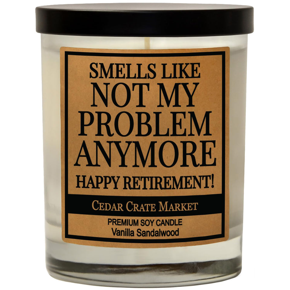 CEDAR CRATE MARKET vanilla sandalwood candle label highlights gift-ready retirement charm.