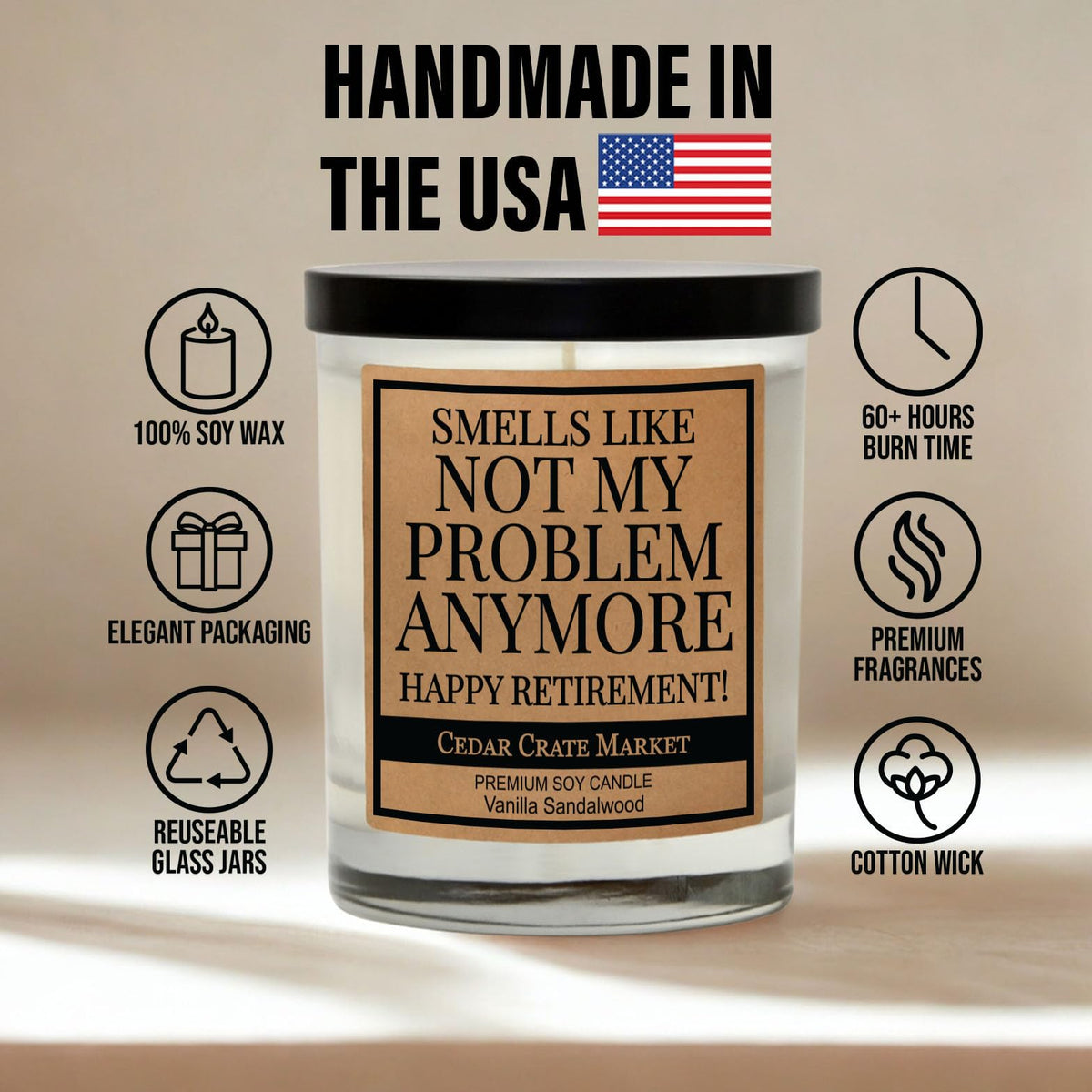 CEDAR CRATE MARKET vanilla sandalwood candle lit for cozy retirement moments.