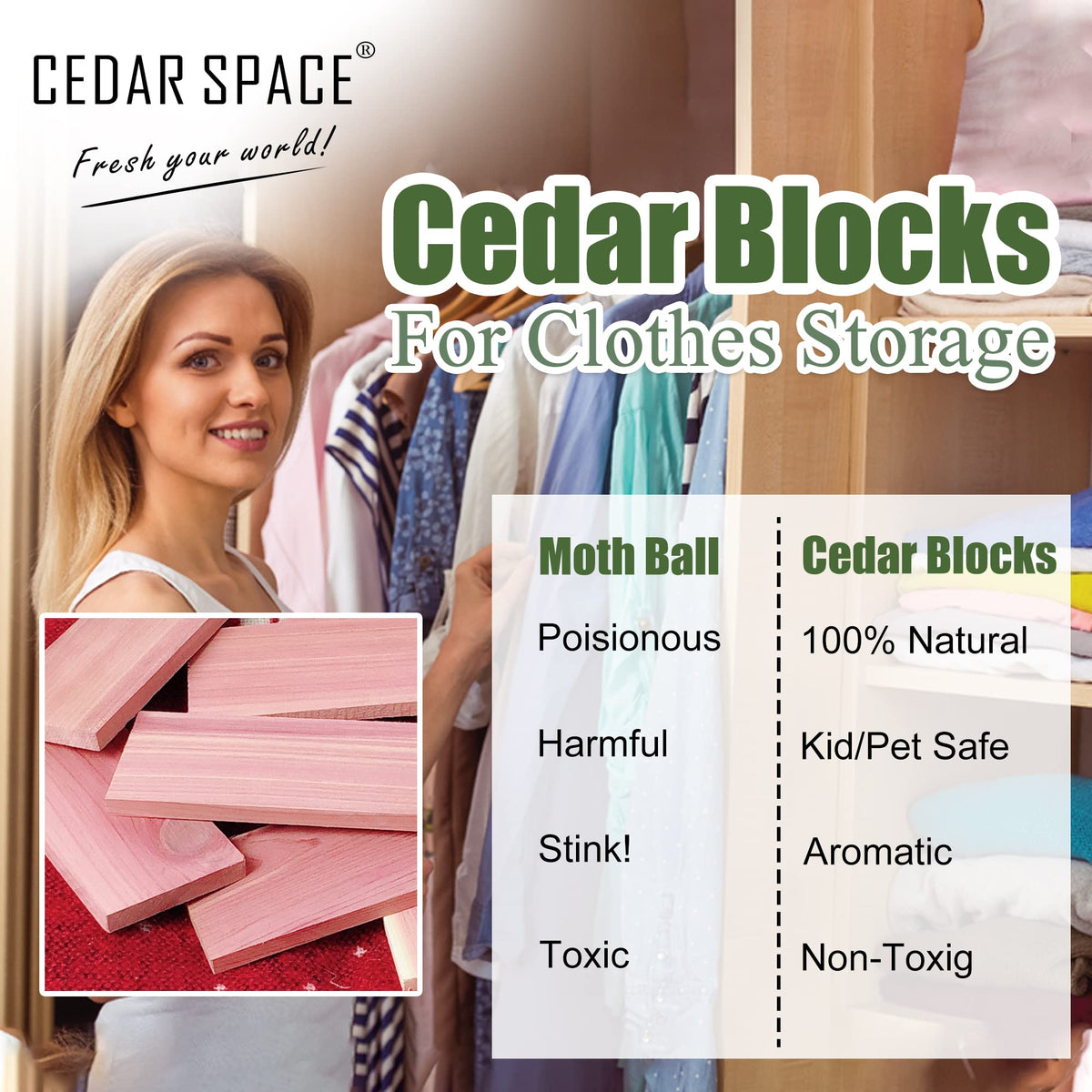 Cedar Space cedar blocks in a closet protecting fabrics with natural aroma