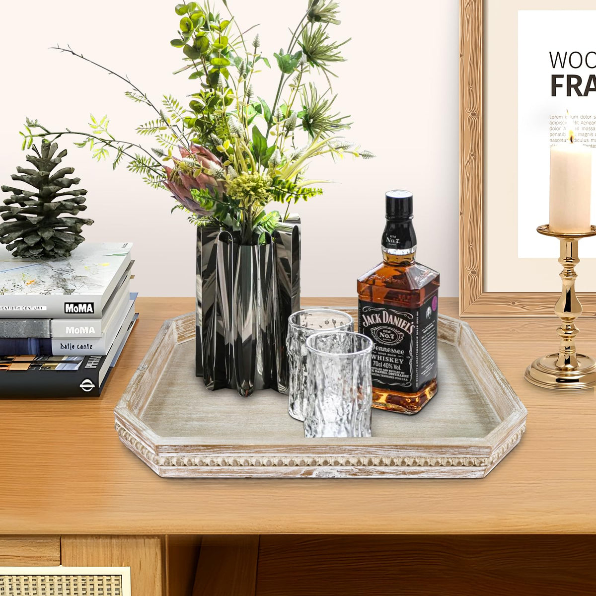 CEDARLUX farmhouse tray on coffee table adds a cozy decor and organization.