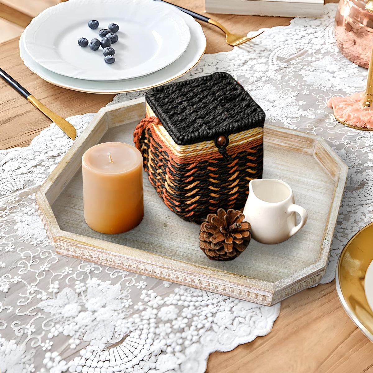CEDARLUX serving tray supports candles and tea items for a welcoming vignette.