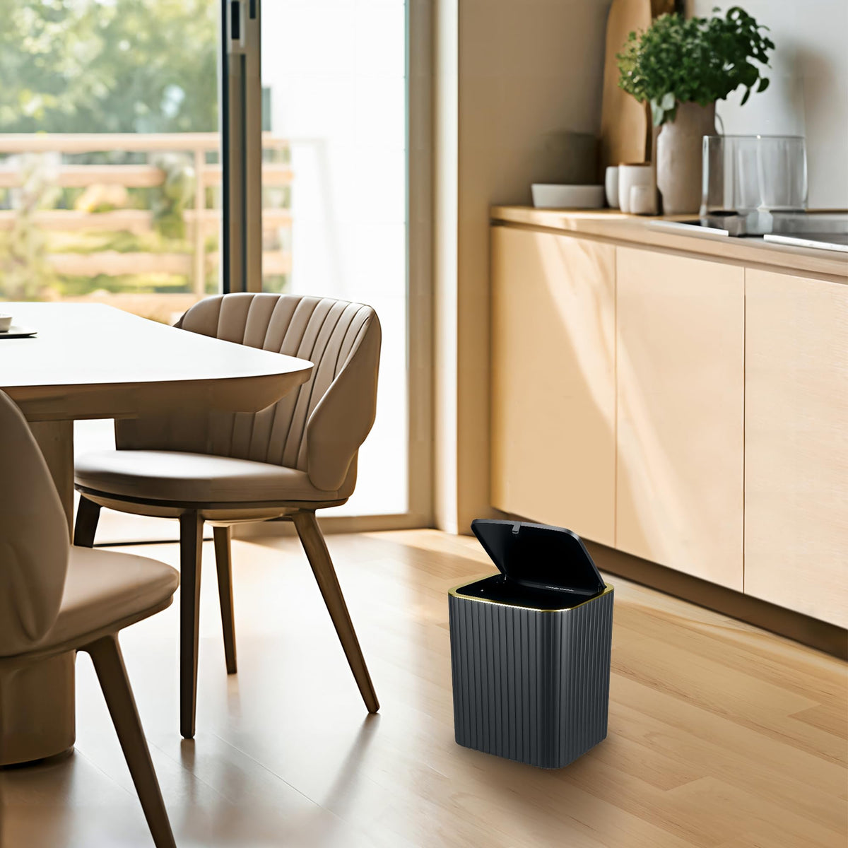 CedarShin trash can blends with decor for a tidy bathroom.