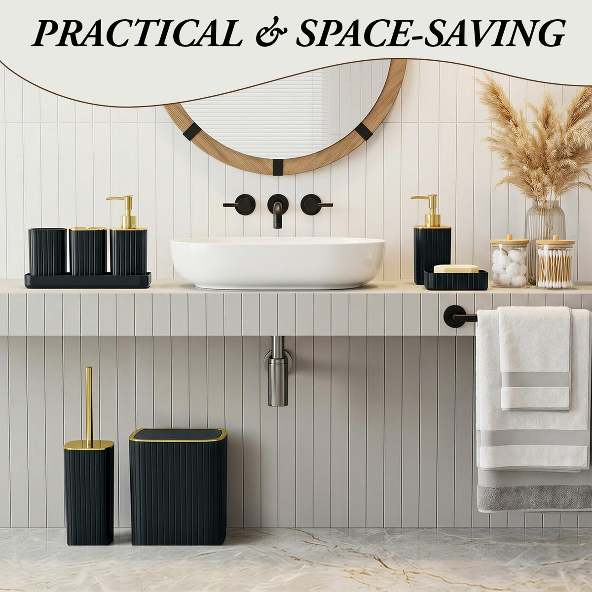 CedarShin bathroom set tumbler doubles as a rinsing cup for a tidy sink.