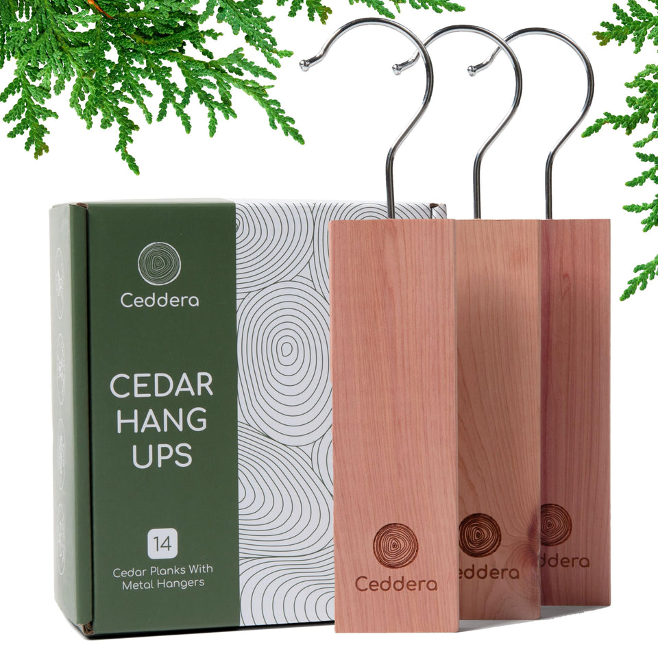 Ceddera cedar hang ups in a closet for natural fragrance and clothing protection.