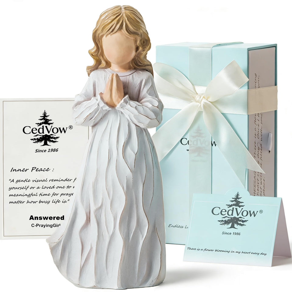 CedVow answered angel prayer figurine on shelf for daily reflection.
