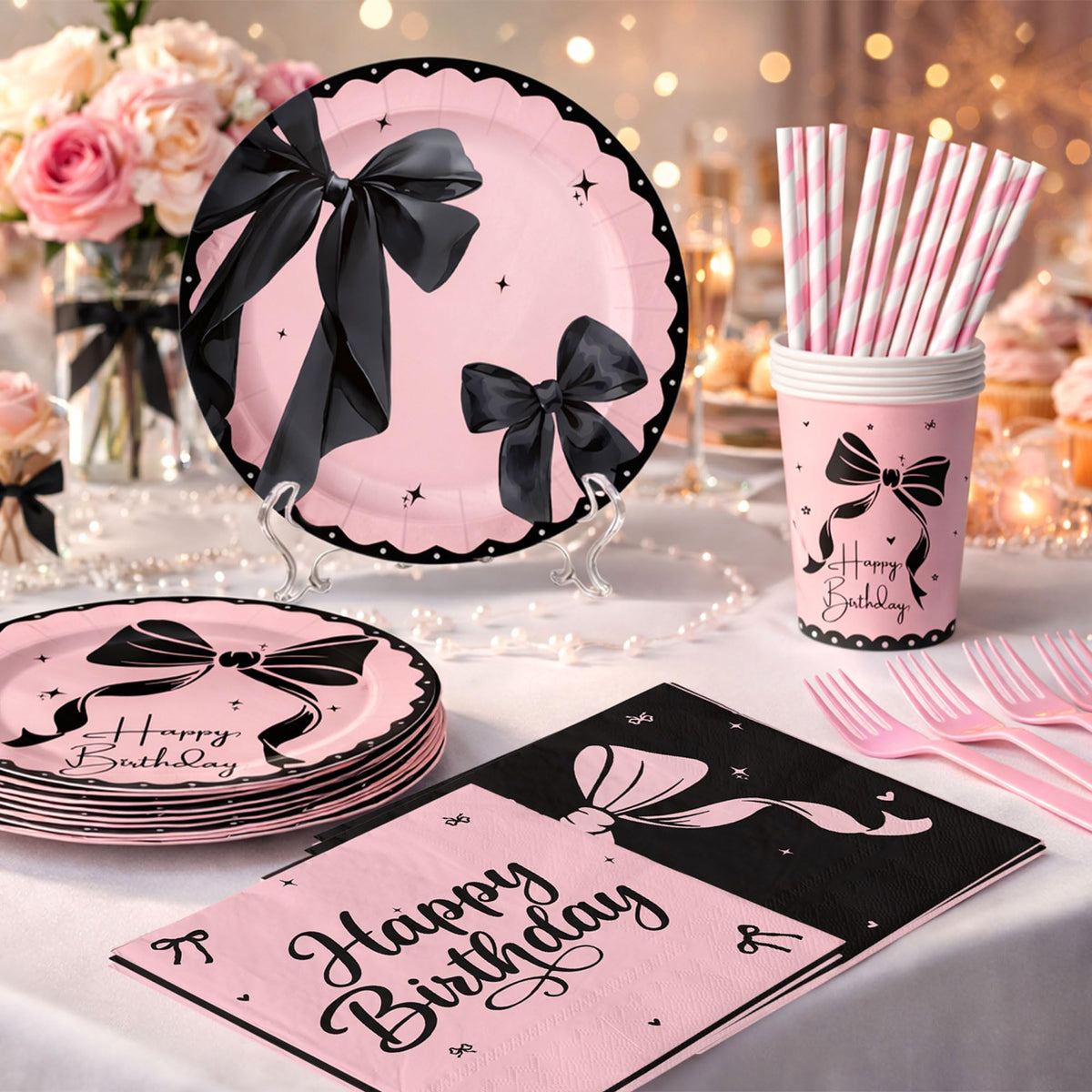 CelebSpark pink-black bow balloons add festive color and easy setup