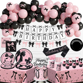CelebSpark pink and black bow banner enhances party ambiance with striking visuals