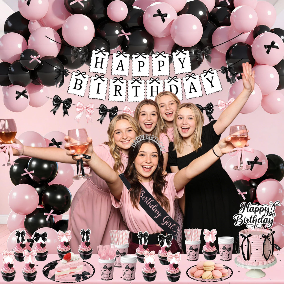 CelebSpark pink-black bow cups and colors tie the table together