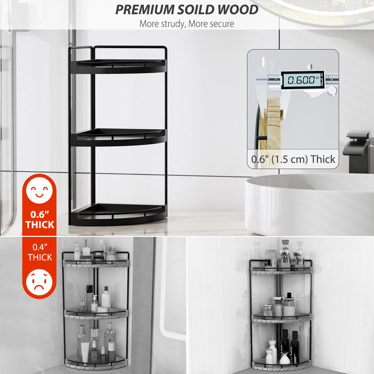 CeleVista bathroom counter shelf in wood setup, neatly arranged items.