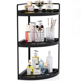 CeleVista corner bathroom organizer in black fits snugly and saves counter space.
