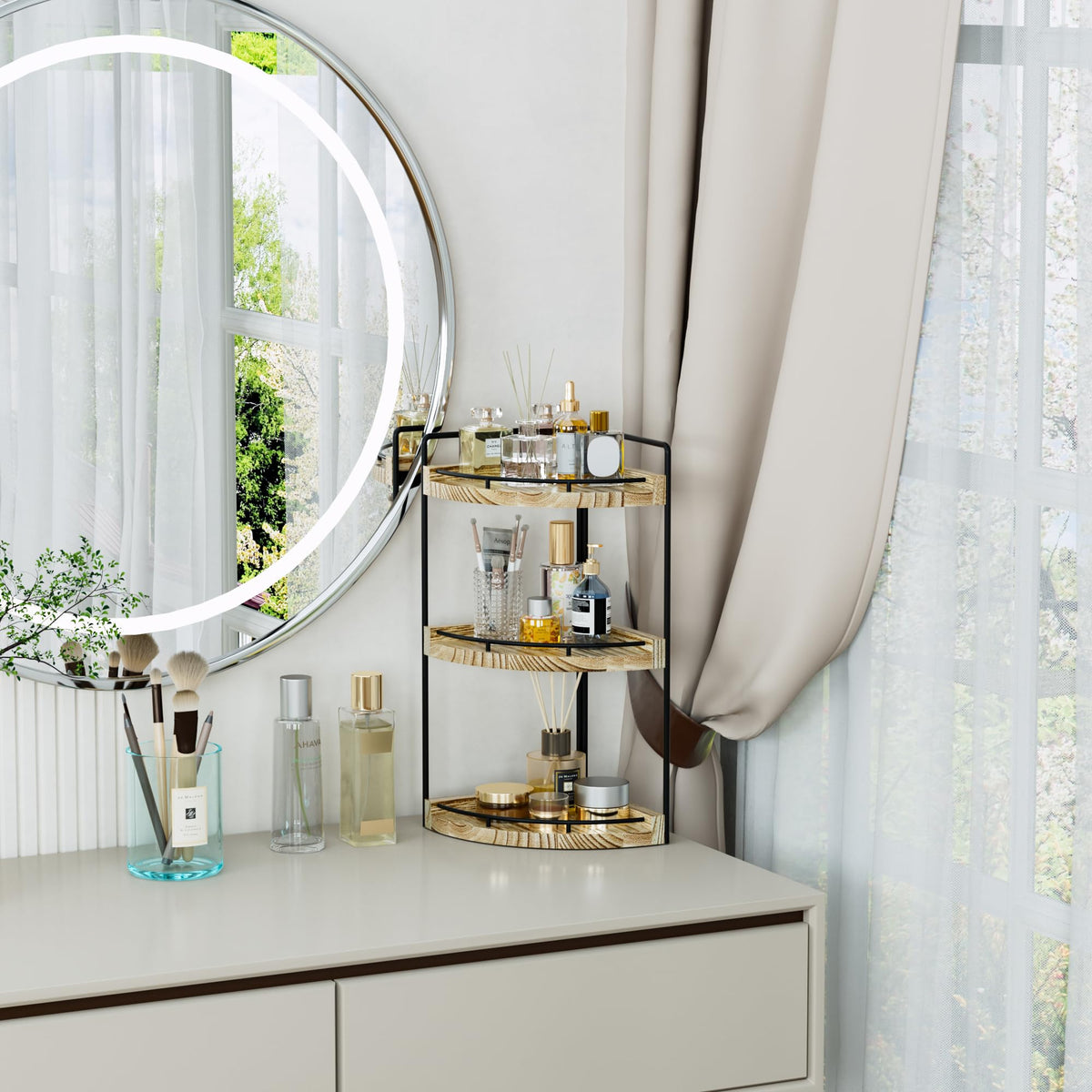 CeleVista dresser shelf doubles as vanity storage for cosmetics.
