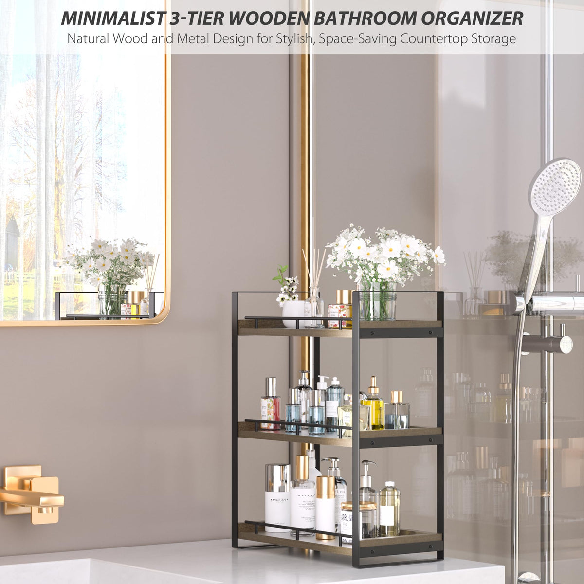 CeleVista vanity skincare and makeup shelf reduces countertop clutter.
