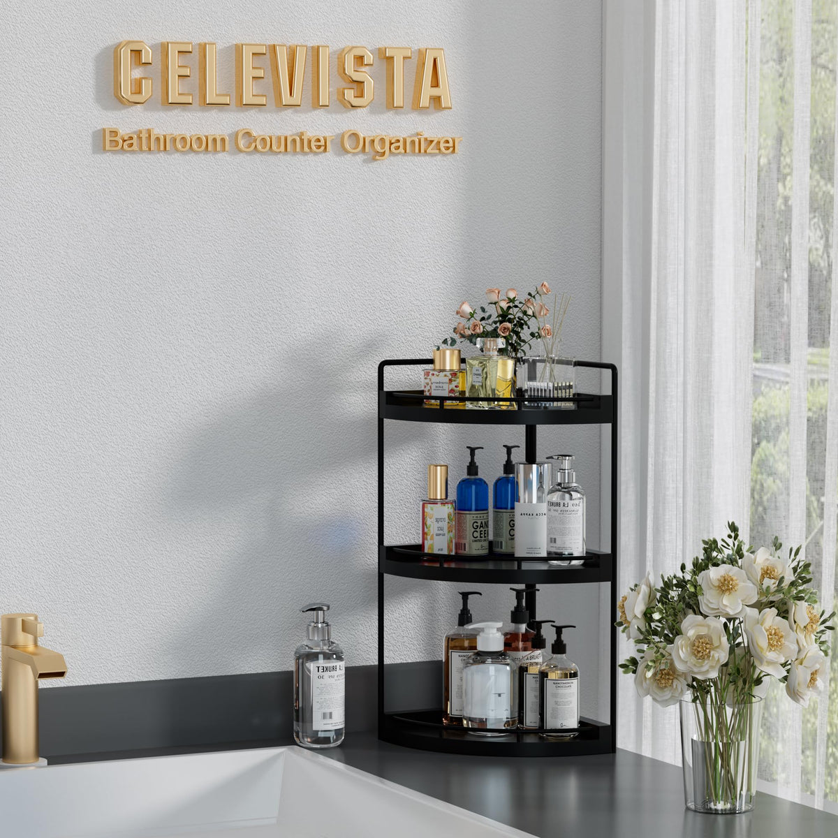 CeleVista wood bathroom shelf with three tiers for toiletries.