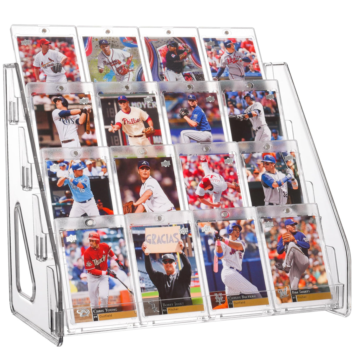 CELSOL elevated 4-tier stand front view shows clear visibility for cards