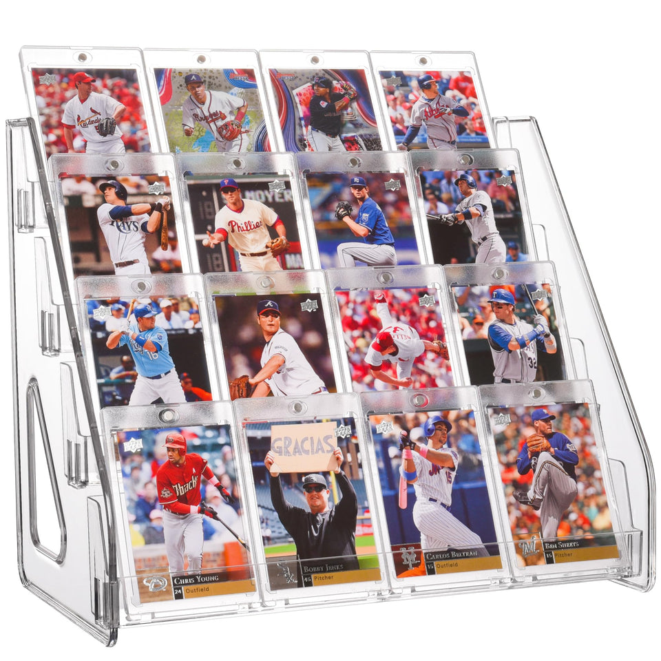 CELSOL elevated 4-tier stand front view shows clear visibility for cards