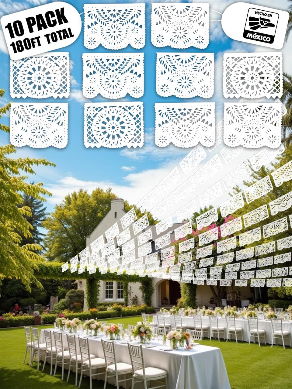 CEMPASUCHIL white papel picado banner flag provides an 18ft display for events.