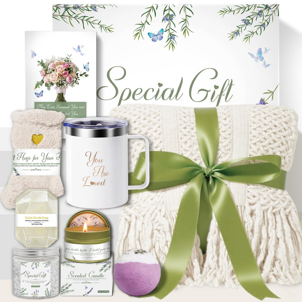 CenliBaw gift basket with ivory knitted blanket, cozy warmth for relaxation.