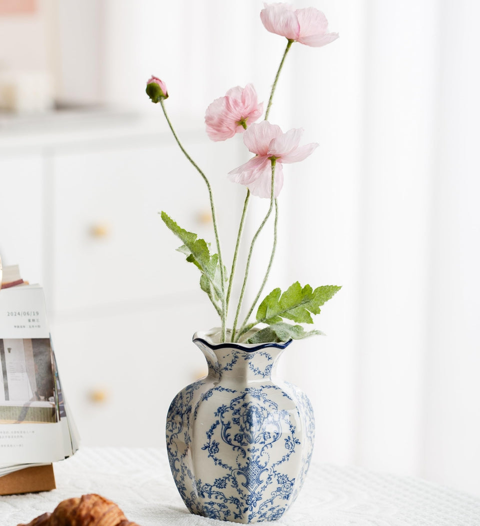 Ceradamay blue and white vase with hexagonal outline enhances chinoiserie decor for living rooms
