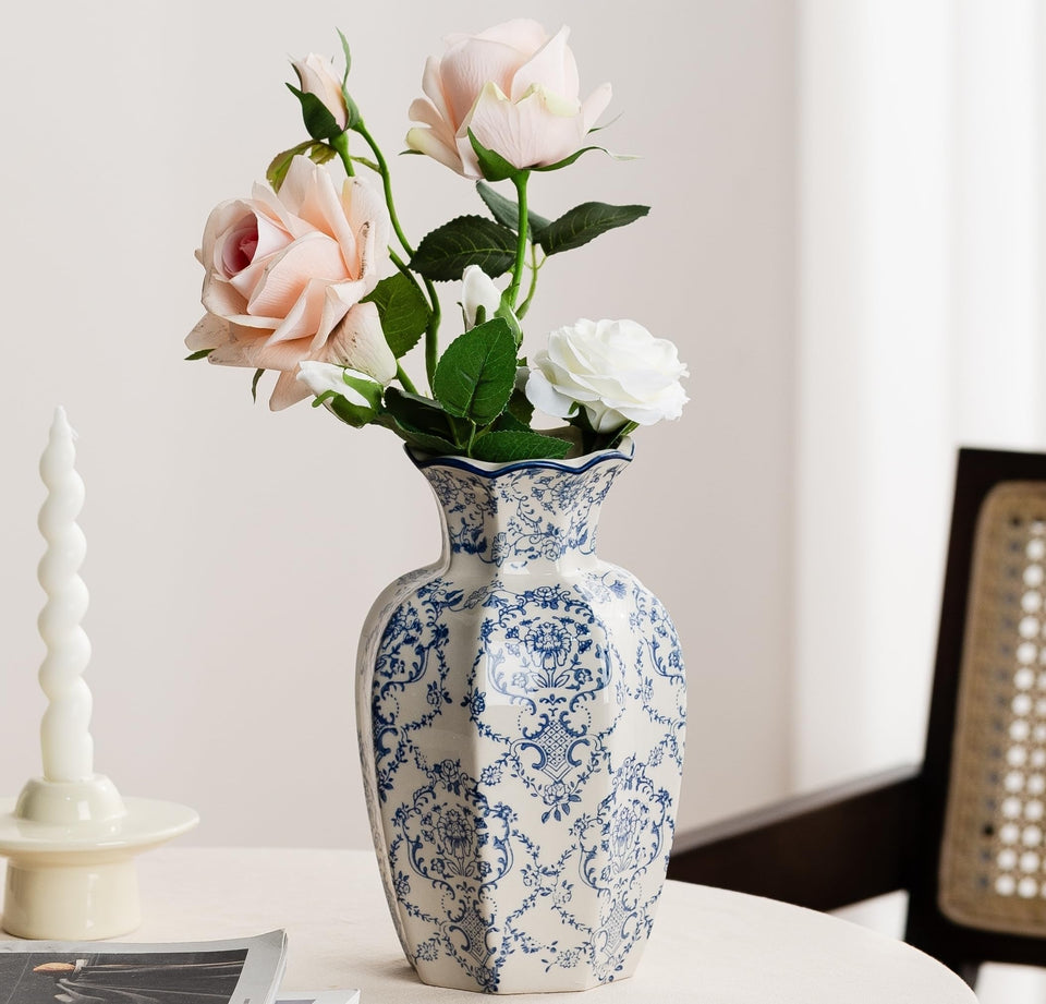 Ceradamay blue and white vase with hexagonal pattern enhances tabletop decor