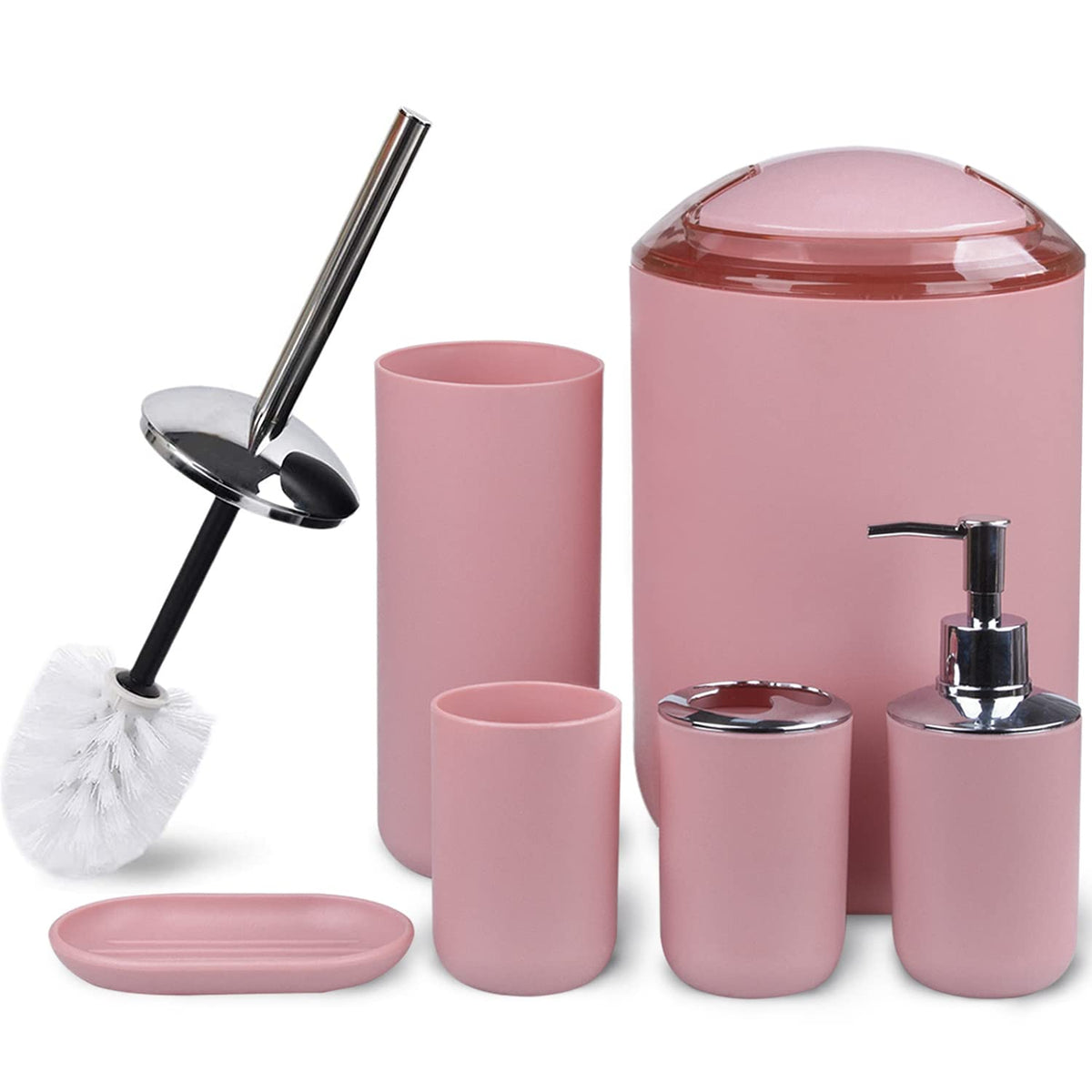 CERBIOR bathroom ensemble on countertop adds blush pink elegance and organized style.