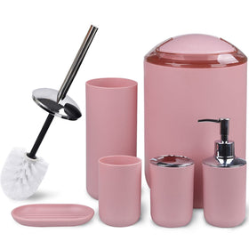 CERBIOR bathroom ensemble on countertop adds blush pink elegance and organized style.