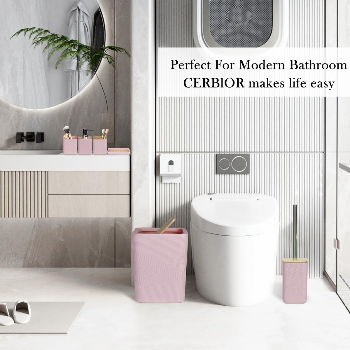 CERBIOR bathroom set on counter pink lifestyle shot