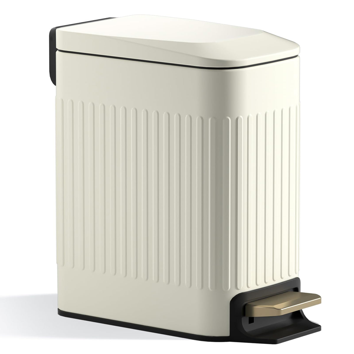 CEROELDA 6L slim trash can with soft-close lid in beige, ideal for quiet spaces.