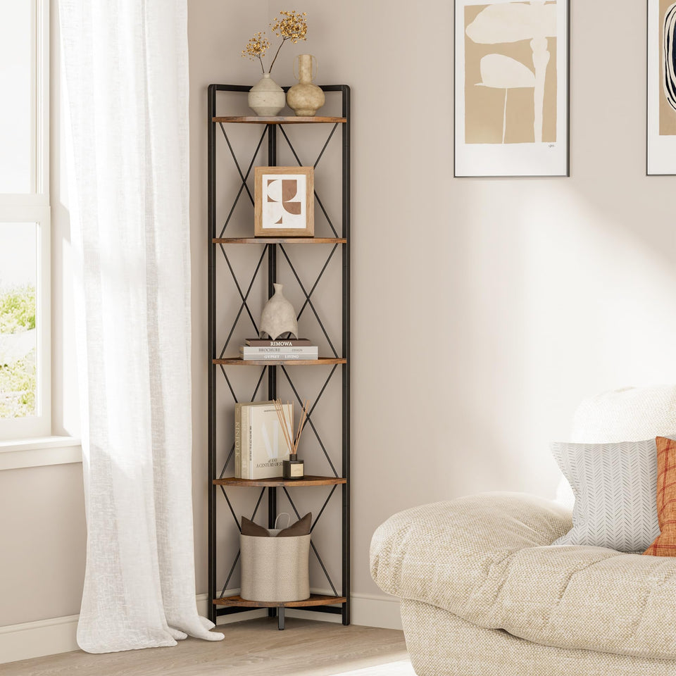 Cerlyunzan 5-tier corner shelf stand with rustic wood-grain shelves and metal frame for stylish storage.