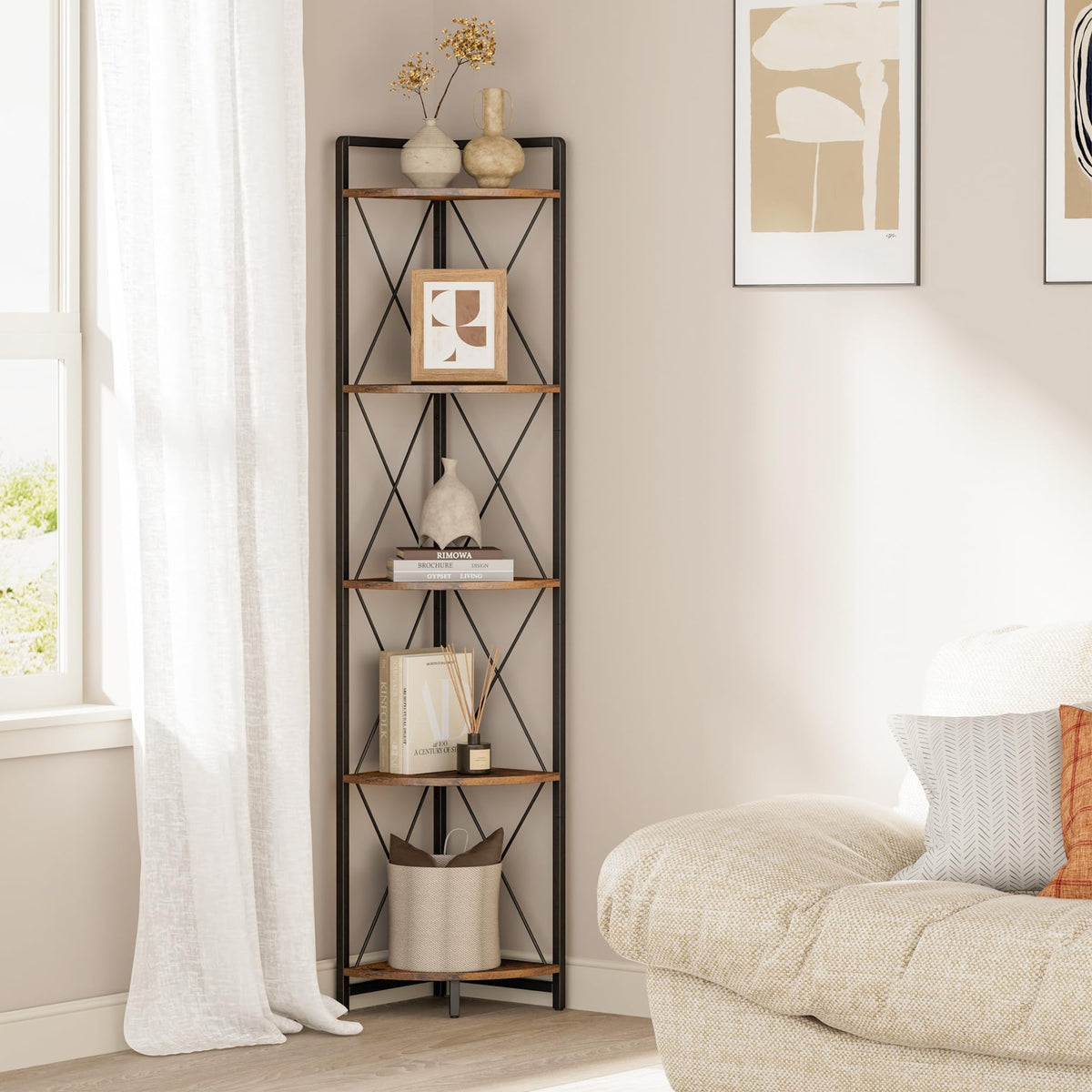 Cerlyunzan 5-tier corner shelf stand with rustic wood-grain shelves and metal frame for stylish storage.