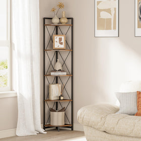 Cerlyunzan 5-tier corner shelf stand with rustic wood-grain shelves and metal frame for stylish storage.