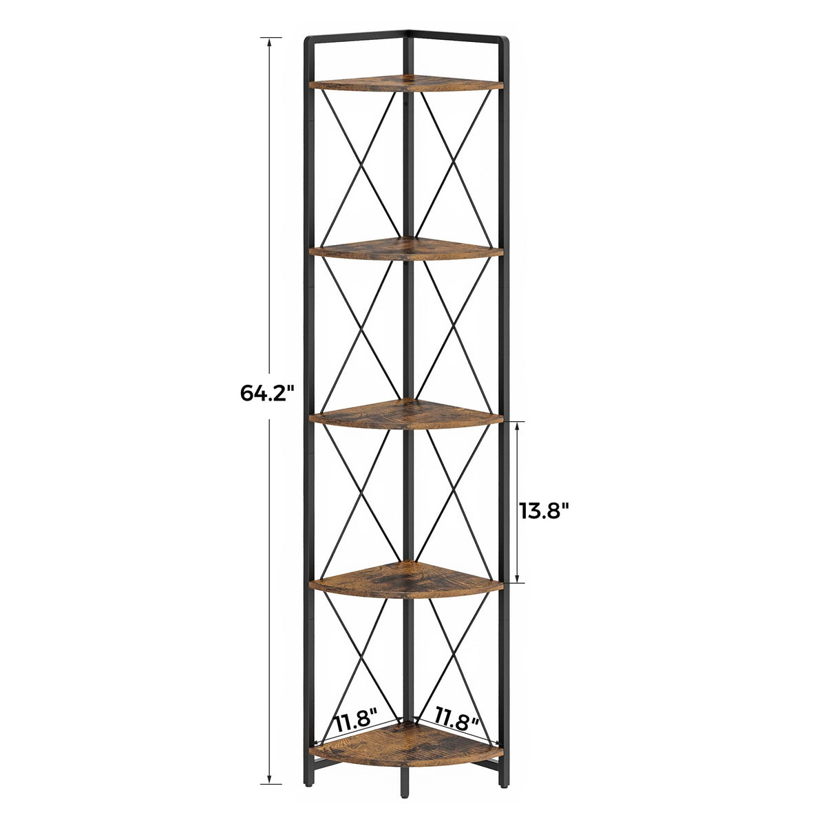 Cerlyunzan 64-inch-height corner shelf demonstrates tall storage and space efficiency.
