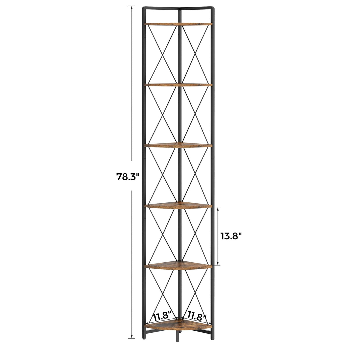 Cerlyunzan 78-inch tall corner shelf increasing vertical storage for books and décor.