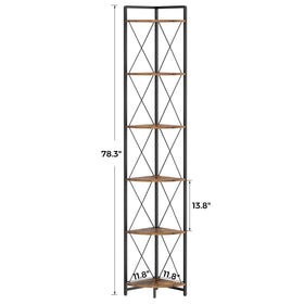 Cerlyunzan 78-inch tall corner shelf increasing vertical storage for books and décor.