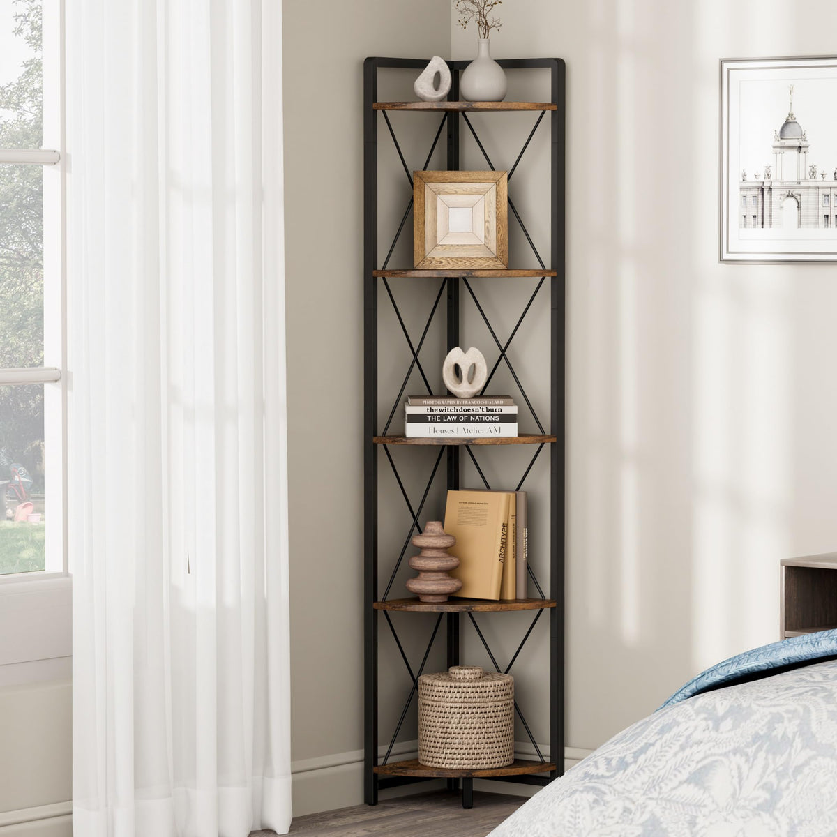 Cerlyunzan adjustable-feet corner shelf shows easy leveling on uneven floors.