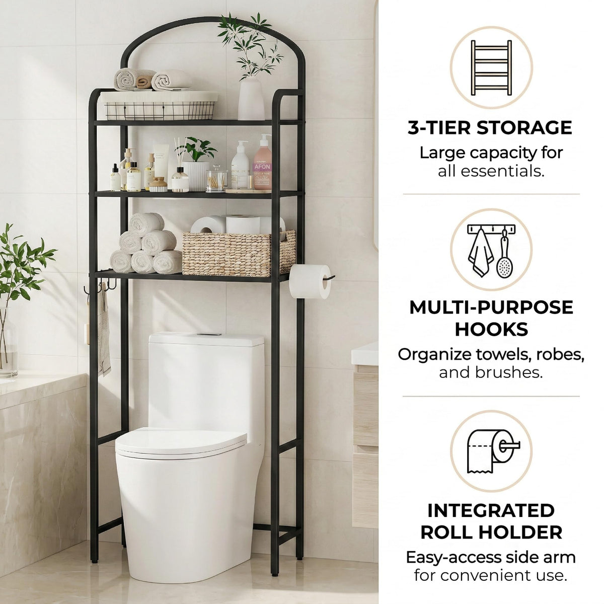 Cerlyunzan bathroom organizer shows four hooks for towels and accessories.