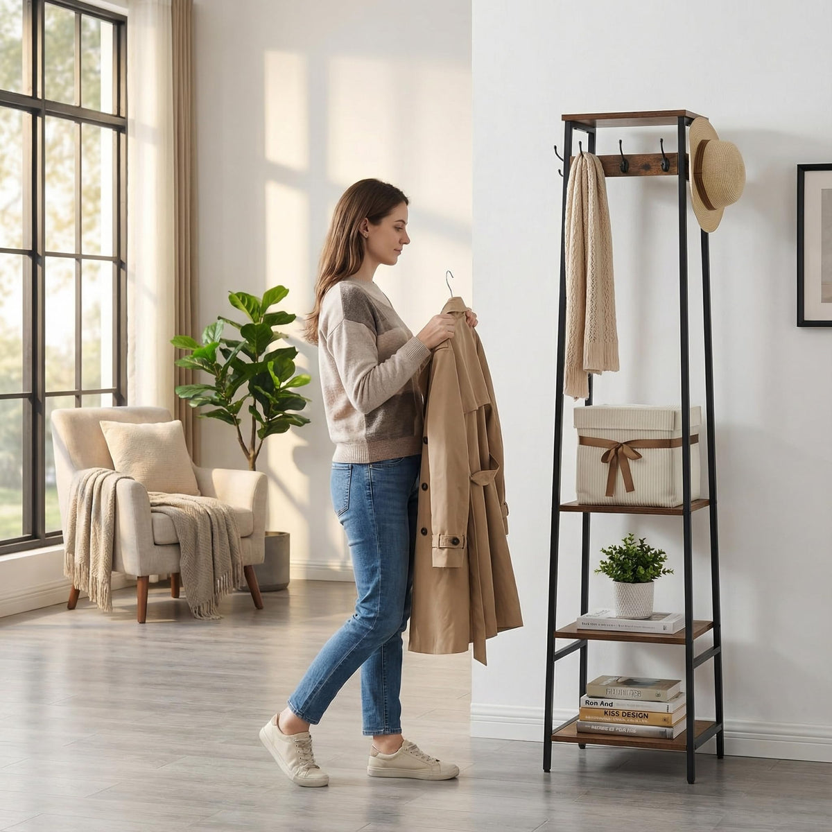 Cerlyunzan coat rack with three shelves offering extra display space.