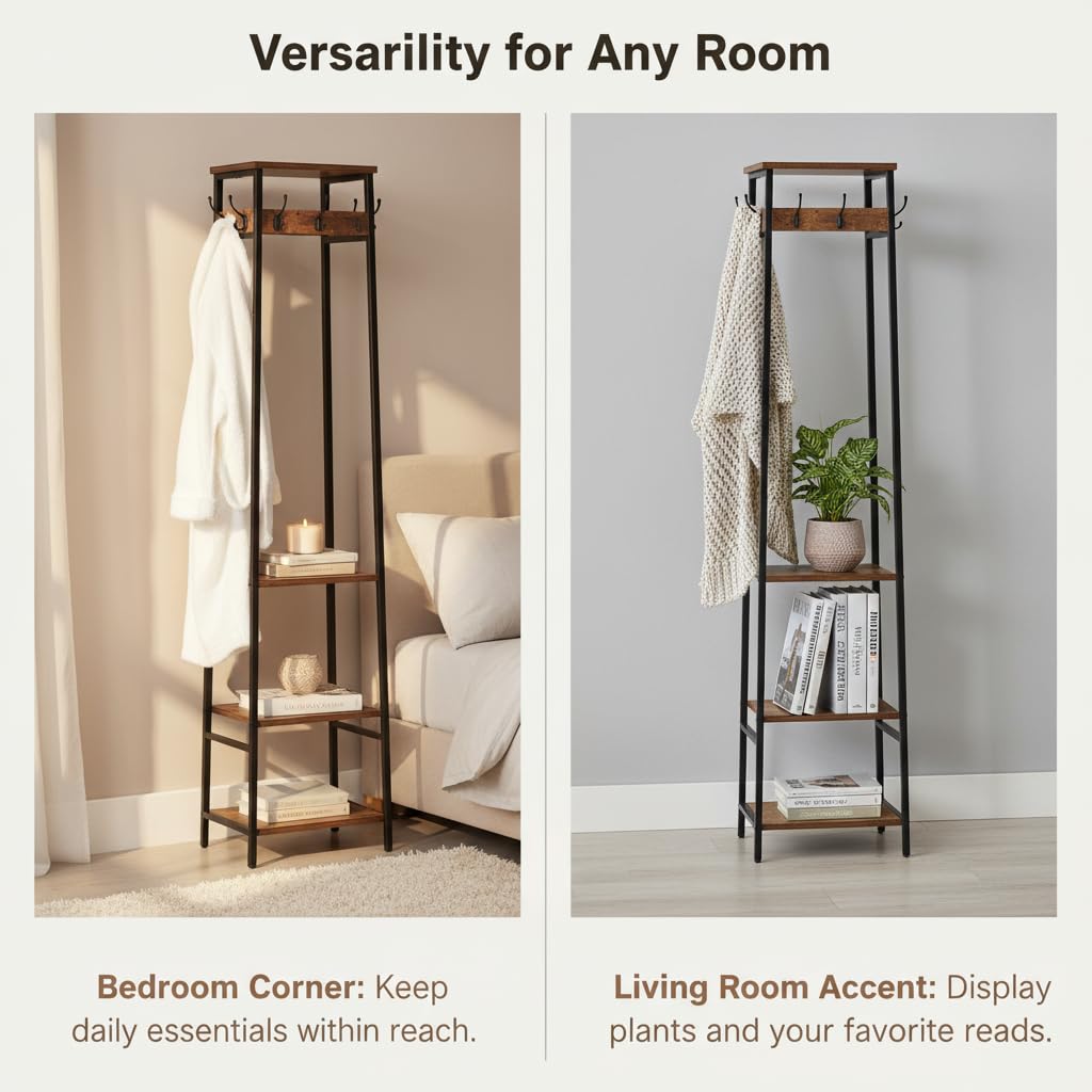 Cerlyun freestanding hall tree in an entryway saves space.