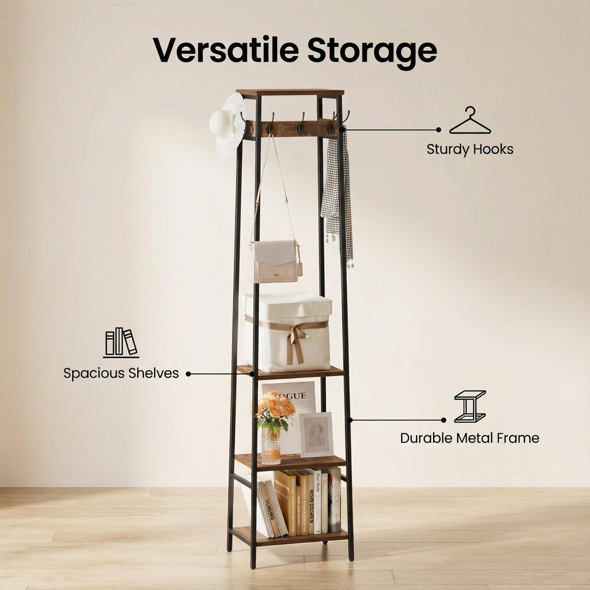 Cerlyun hall tree sturdy frame highlighting durable metal construction.