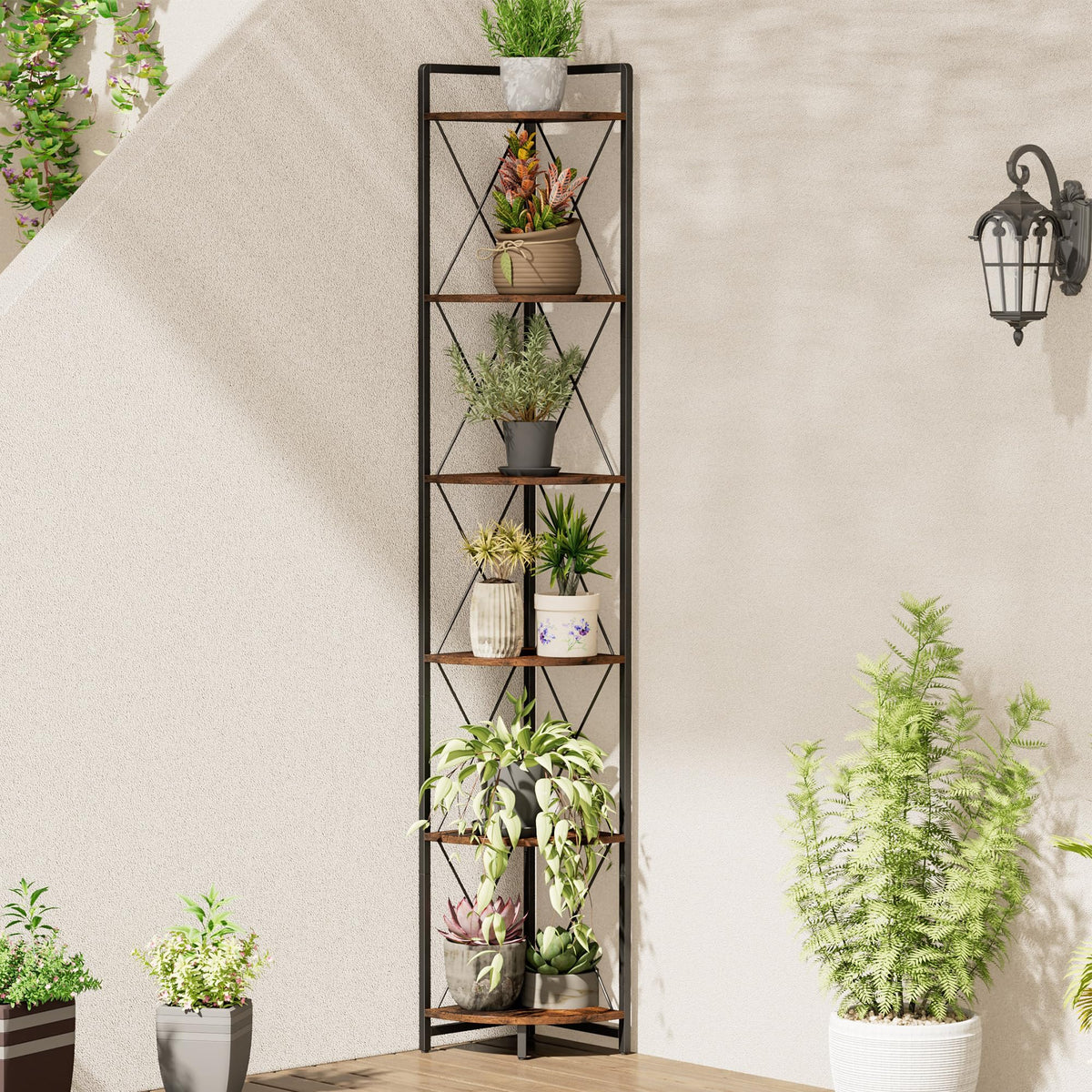 Cerlyunzan industrial corner bookshelf with metal frame highlighting sturdy storage in tight spaces.