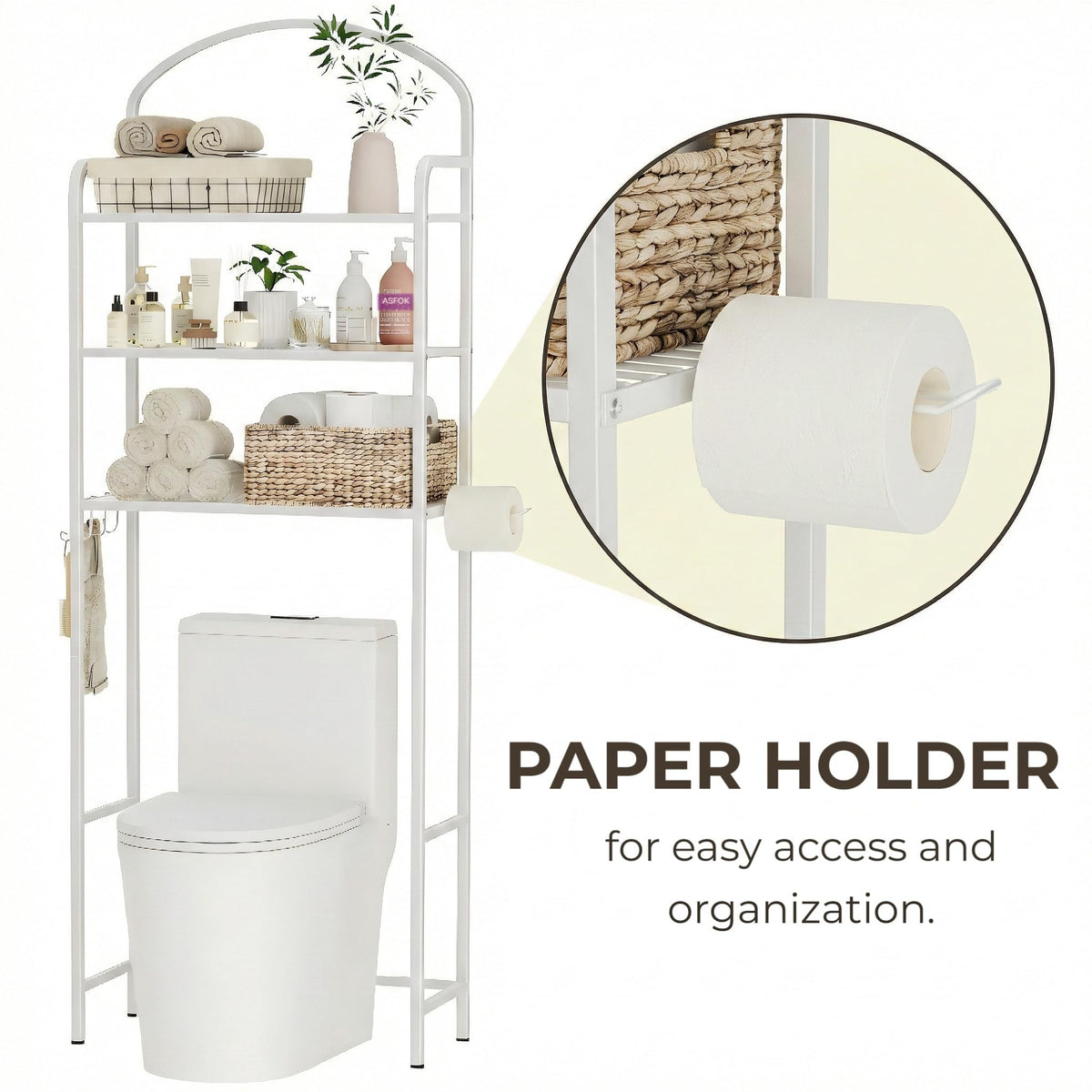 Cerlyunzan over-the-toilet rack with 4 hooks stores bath tools neatly.