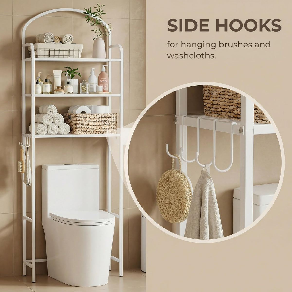 Cerlyunzan over-the-toilet rack with built-in paper holder keeps towels ready.