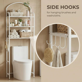 Cerlyunzan over-the-toilet rack with built-in paper holder keeps towels ready.