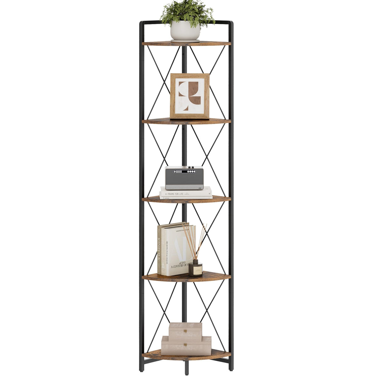 Cerlyunzan room-view corner shelf brightens living spaces with ample display options.