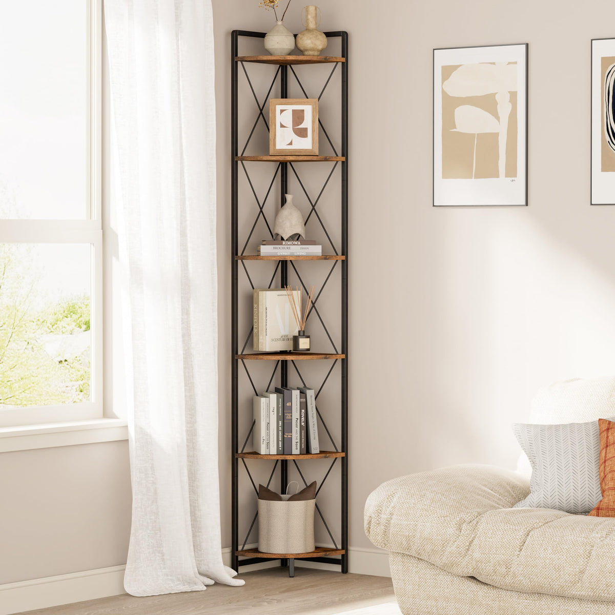 Cerlyunzan six-tier corner shelf stand displaying books in a neat, space-saving corner.